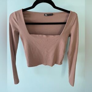 Zara Women's Tan Neutral Ribbed Long Sleeve Cropped Top Size M